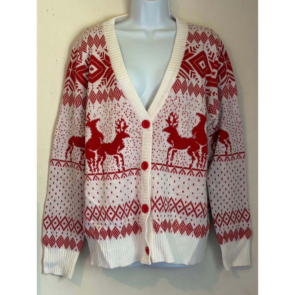 NWT Tipsy Elves red and white "Naughty Reindeer" cardigan sweater size L